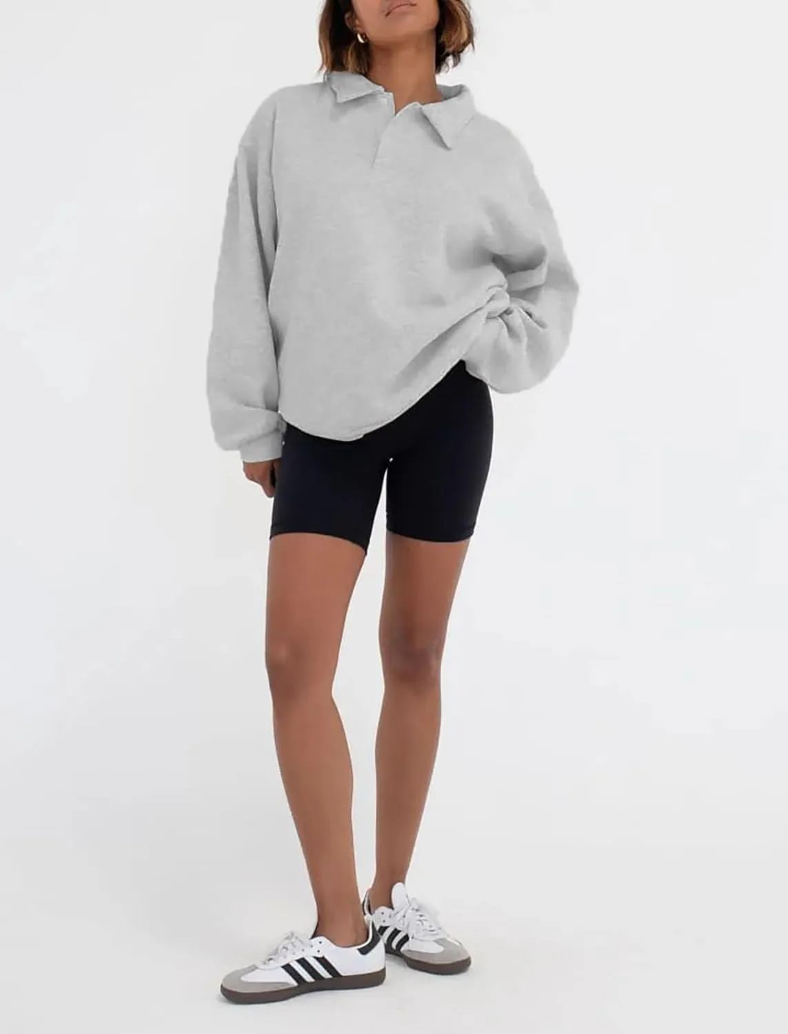 Cioatin Women Oversize Fleece Button Up Collar Polo Neck Sweatshirt Top Loose Drop Shoulder Hoodie Pullover Fall Outfits