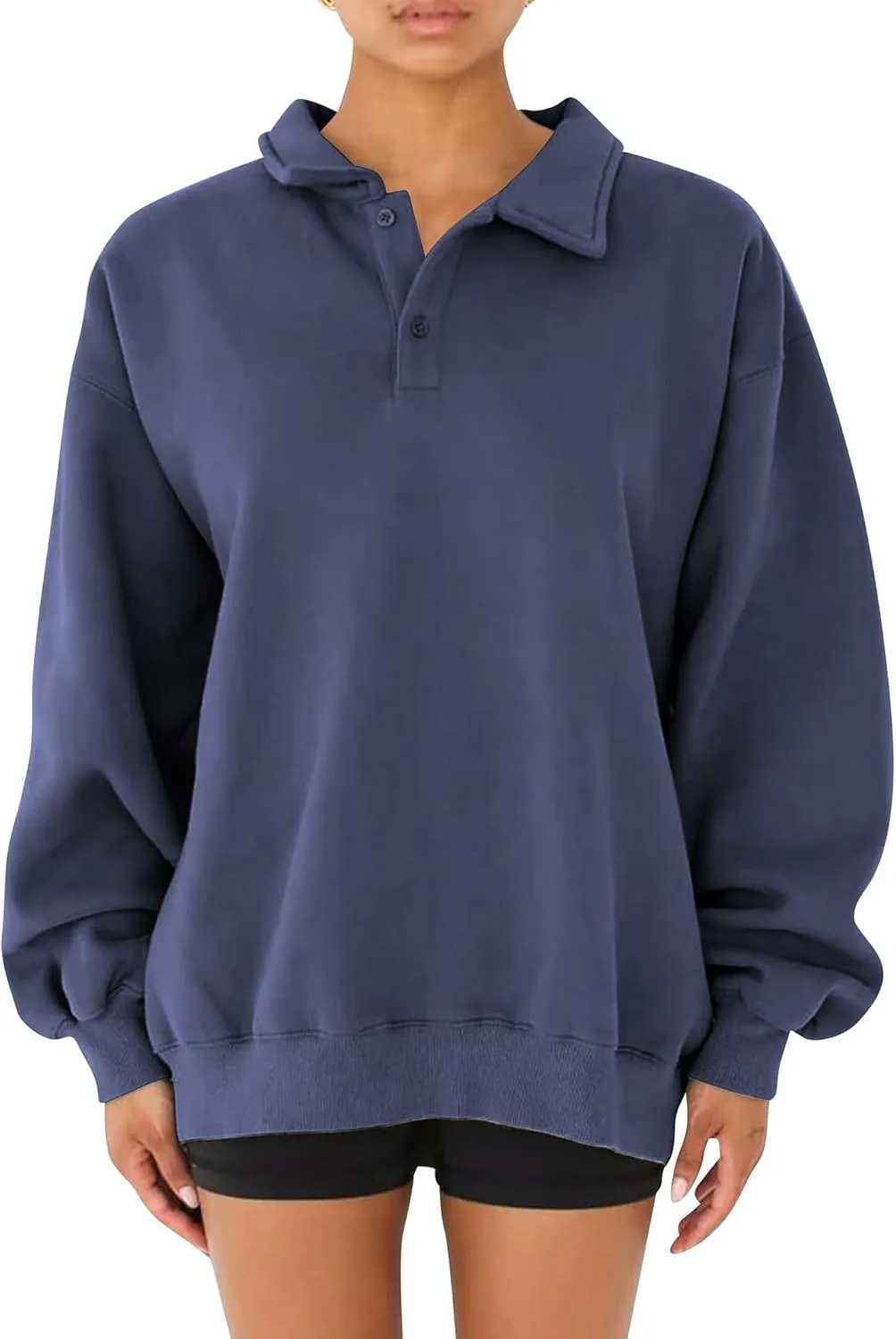 Cioatin Women Oversize Fleece Button Up Collar Polo Neck Sweatshirt Top Loose Drop Shoulder Hoodie Pullover Fall Outfits