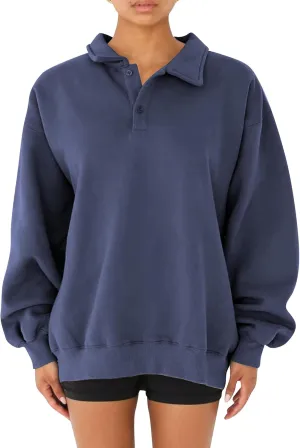 Cioatin Women Oversize Fleece Button Up Collar Polo Neck Sweatshirt Top Loose Drop Shoulder Hoodie Pullover Fall Outfits