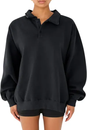 Cioatin Women Oversize Fleece Button Up Collar Polo Neck Sweatshirt Top Loose Drop Shoulder Hoodie Pullover Fall Outfits