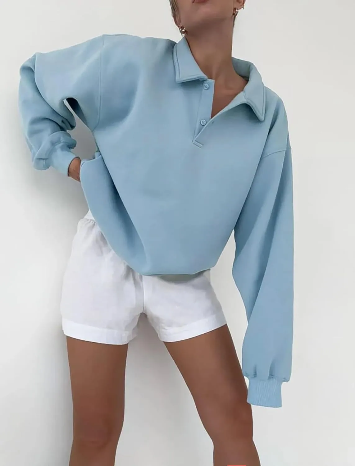 Cioatin Women Oversize Fleece Button Up Collar Polo Neck Sweatshirt Top Loose Drop Shoulder Hoodie Pullover Fall Outfits