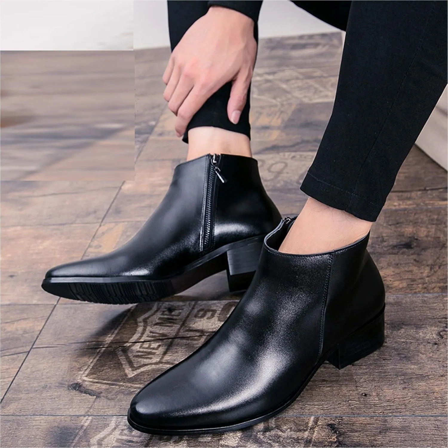 Classic High Top Ankle Boots for Men Casual Vegan Leather Fleece Lined Shoes with Side Zipper Slip-on Round Toe Block Heel Anti-Slip