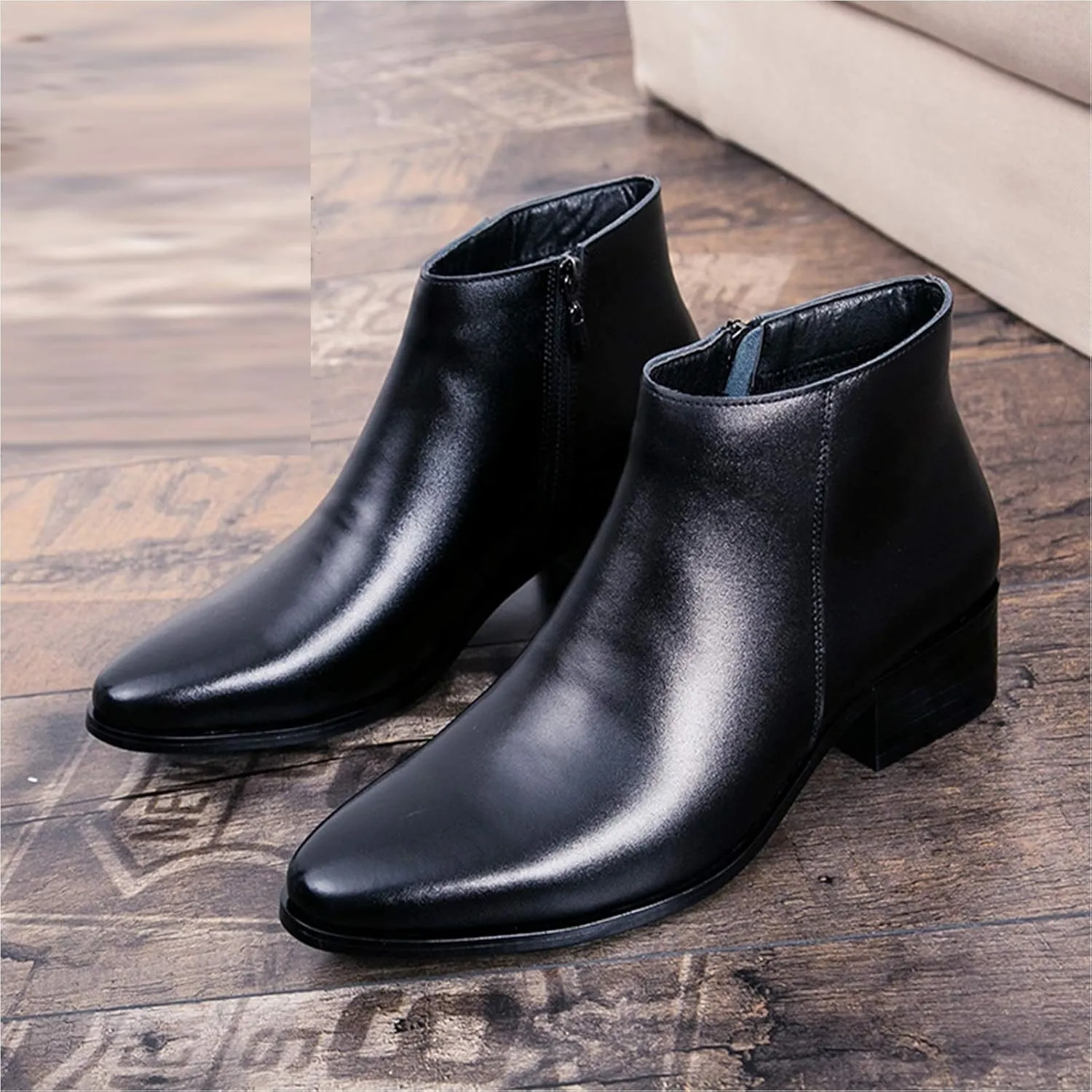 Classic High Top Ankle Boots for Men Casual Vegan Leather Fleece Lined Shoes with Side Zipper Slip-on Round Toe Block Heel Anti-Slip