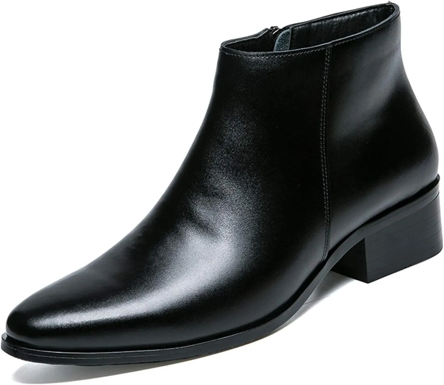 Classic High Top Ankle Boots for Men Casual Vegan Leather Fleece Lined Shoes with Side Zipper Slip-on Round Toe Block Heel Anti-Slip