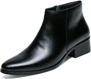 Classic High Top Ankle Boots for Men Casual Vegan Leather Fleece Lined Shoes with Side Zipper Slip-on Round Toe Block Heel Anti-Slip