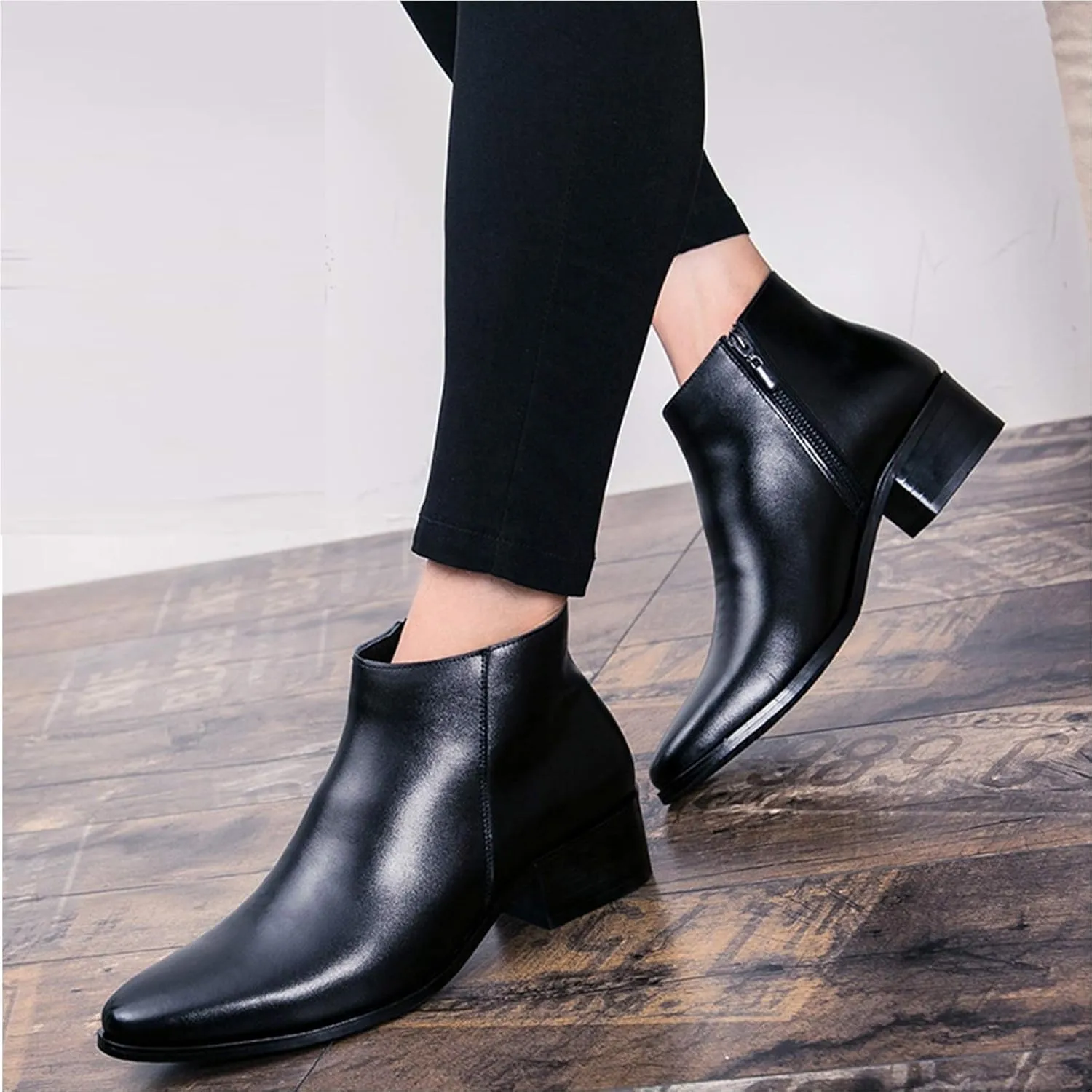 Classic High Top Ankle Boots for Men Casual Vegan Leather Fleece Lined Shoes with Side Zipper Slip-on Round Toe Block Heel Anti-Slip