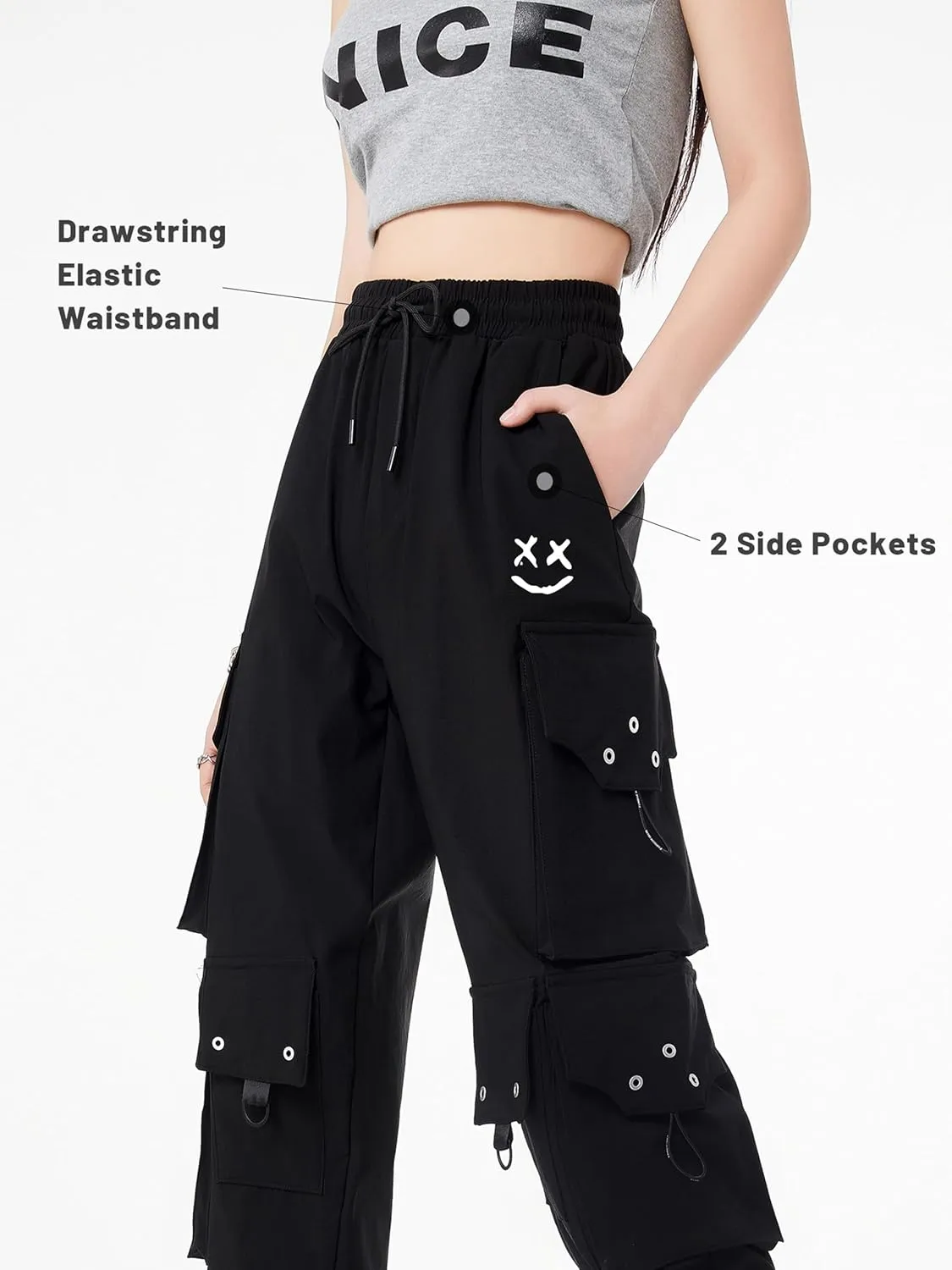 CLOAKA Cargo Pants Women Gothic Y2K High Waist Adjustable with Pockets Drawstring Street Techwear Jogger Sweatpants