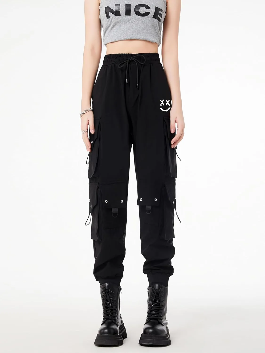 CLOAKA Cargo Pants Women Gothic Y2K High Waist Adjustable with Pockets Drawstring Street Techwear Jogger Sweatpants