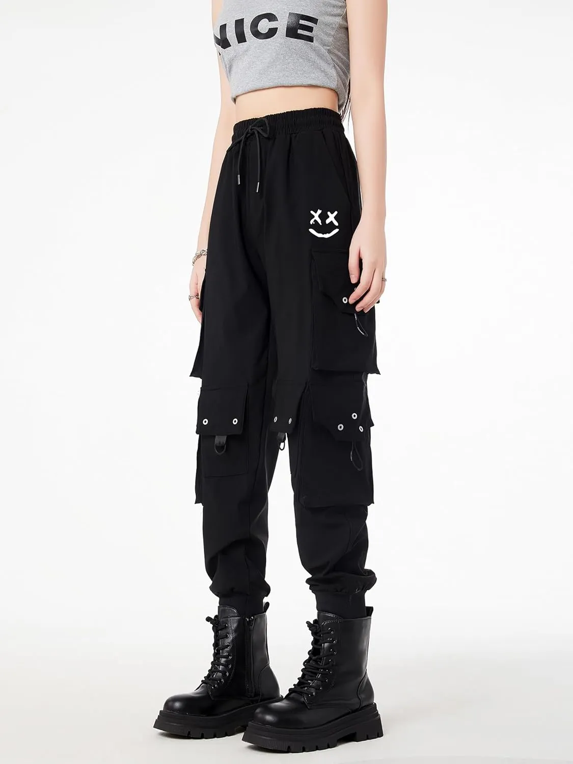 CLOAKA Cargo Pants Women Gothic Y2K High Waist Adjustable with Pockets Drawstring Street Techwear Jogger Sweatpants