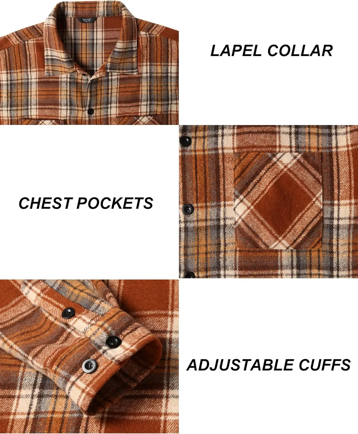COOFANDY Men's Flannel Shirts Casual Button Down Plaid Shirt Jacket Long Sleeve Fleece Shacket with Pockets