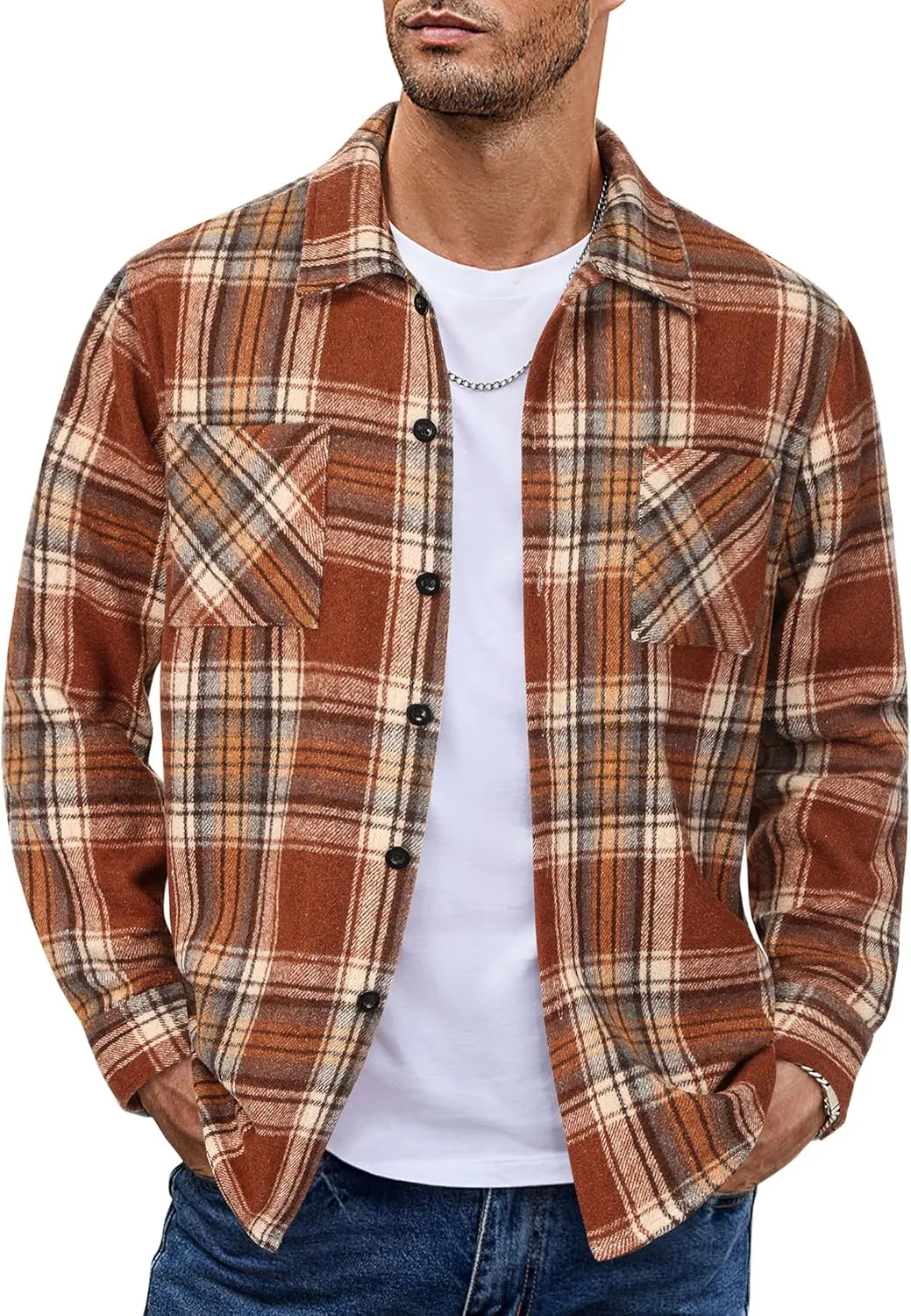 COOFANDY Men's Flannel Shirts Casual Button Down Plaid Shirt Jacket Long Sleeve Fleece Shacket with Pockets