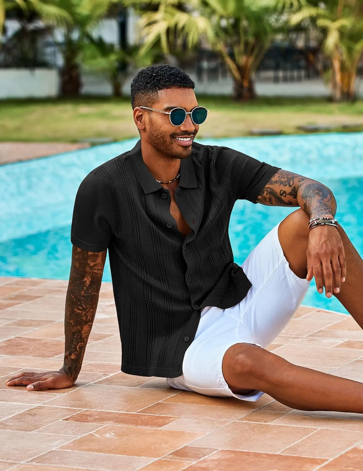 COOFANDY Men's Knit Shirts Short Sleeve Casual Button Down Polo Shirt Summer Beach Vacation Shirts