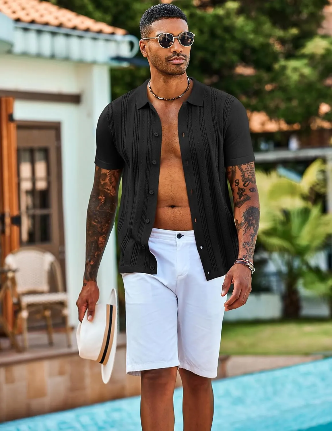 COOFANDY Men's Knit Shirts Short Sleeve Casual Button Down Polo Shirt Summer Beach Vacation Shirts