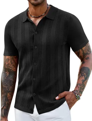 COOFANDY Men's Knit Shirts Short Sleeve Casual Button Down Polo Shirt Summer Beach Vacation Shirts