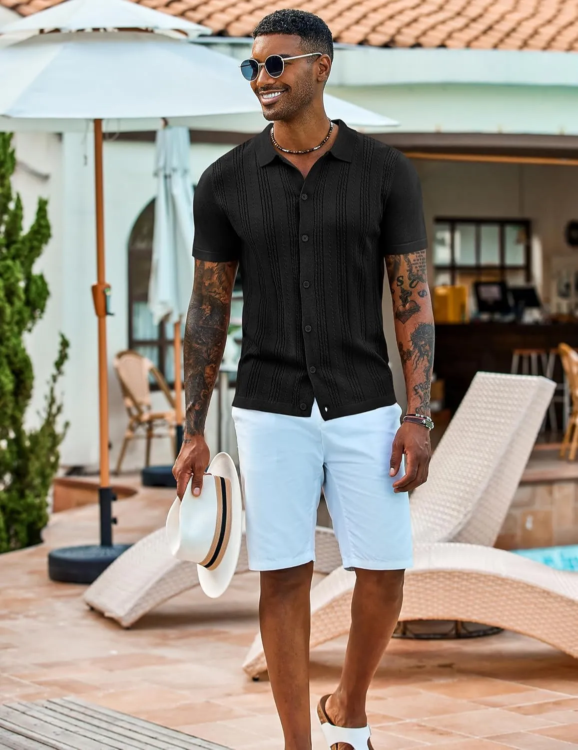 COOFANDY Men's Knit Shirts Short Sleeve Casual Button Down Polo Shirt Summer Beach Vacation Shirts