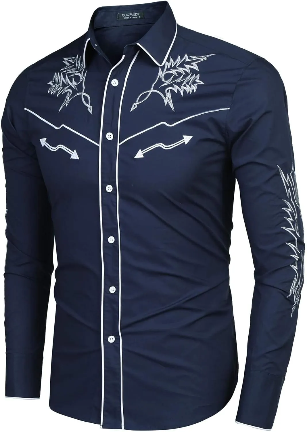 COOFANDY Men's Western Cowboy Shirt Long Sleeve Embroidered Shirt Slim Fit Cotton Casual Button Down Shirt