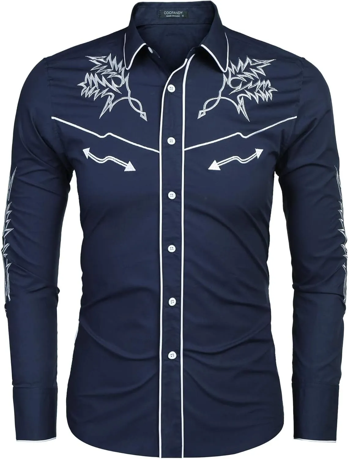COOFANDY Men's Western Cowboy Shirt Long Sleeve Embroidered Shirt Slim Fit Cotton Casual Button Down Shirt
