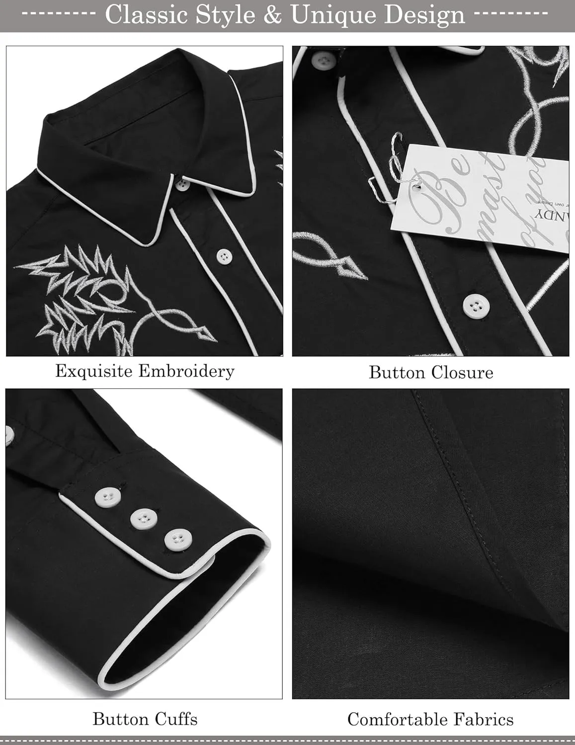 COOFANDY Men's Western Cowboy Shirt Long Sleeve Embroidered Shirt Slim Fit Cotton Casual Button Down Shirt