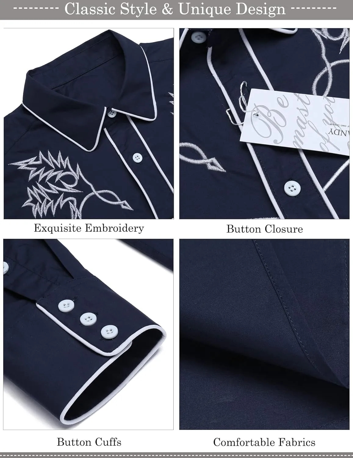 COOFANDY Men's Western Cowboy Shirt Long Sleeve Embroidered Shirt Slim Fit Cotton Casual Button Down Shirt