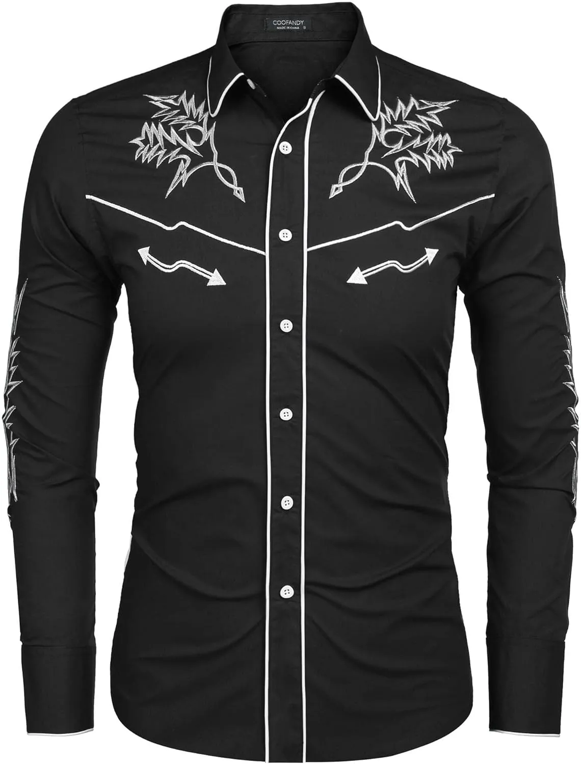 COOFANDY Men's Western Cowboy Shirt Long Sleeve Embroidered Shirt Slim Fit Cotton Casual Button Down Shirt