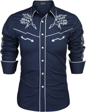 COOFANDY Men's Western Cowboy Shirt Long Sleeve Embroidered Shirt Slim Fit Cotton Casual Button Down Shirt