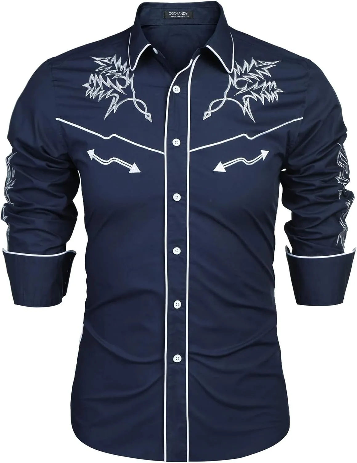 COOFANDY Men's Western Cowboy Shirt Long Sleeve Embroidered Shirt Slim Fit Cotton Casual Button Down Shirt