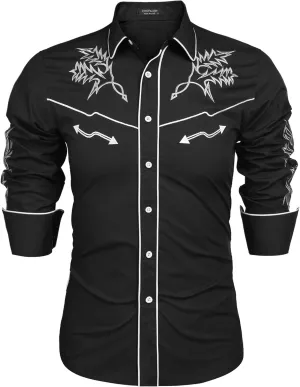 COOFANDY Men's Western Cowboy Shirt Long Sleeve Embroidered Shirt Slim Fit Cotton Casual Button Down Shirt
