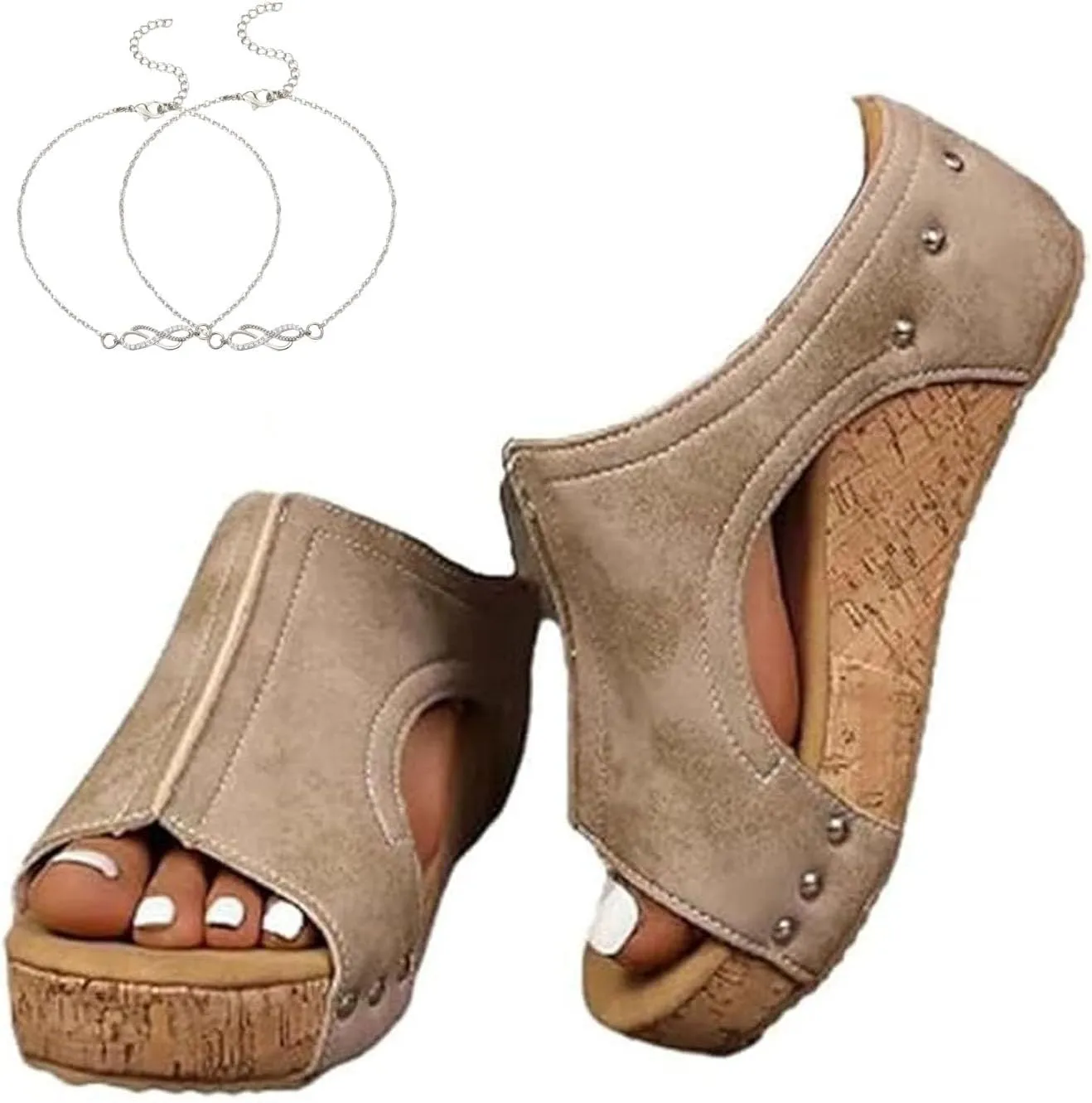 Cork Wedges & Platform Slides, Women's Thick Sole Comfy Leather Wedge Non-slip Summer Cork Orthotic Sandals
