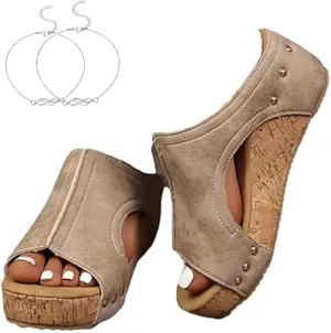 Cork Wedges & Platform Slides, Women's Thick Sole Comfy Leather Wedge Non-slip Summer Cork Orthotic Sandals