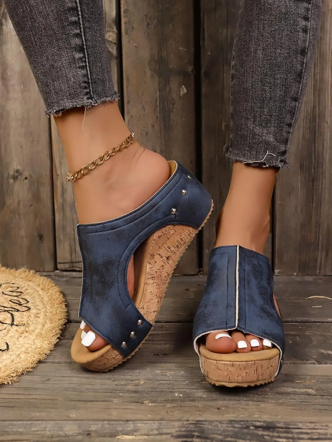 Cork Wedges Platform Slides,Women's Thick Sole Comfy Leather Wedge Non-slip Summer Sandals,Peep Toe Hollow out Slippers.