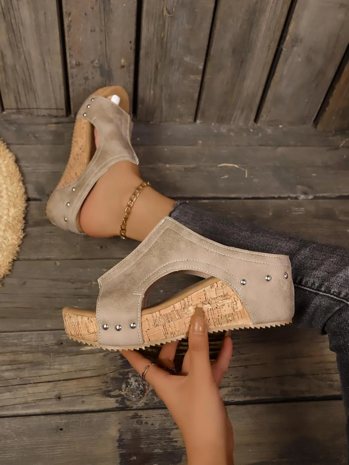 Cork Wedges Platform Slides,Women's Thick Sole Comfy Leather Wedge Non-slip Summer Sandals,Peep Toe Hollow out Slippers.