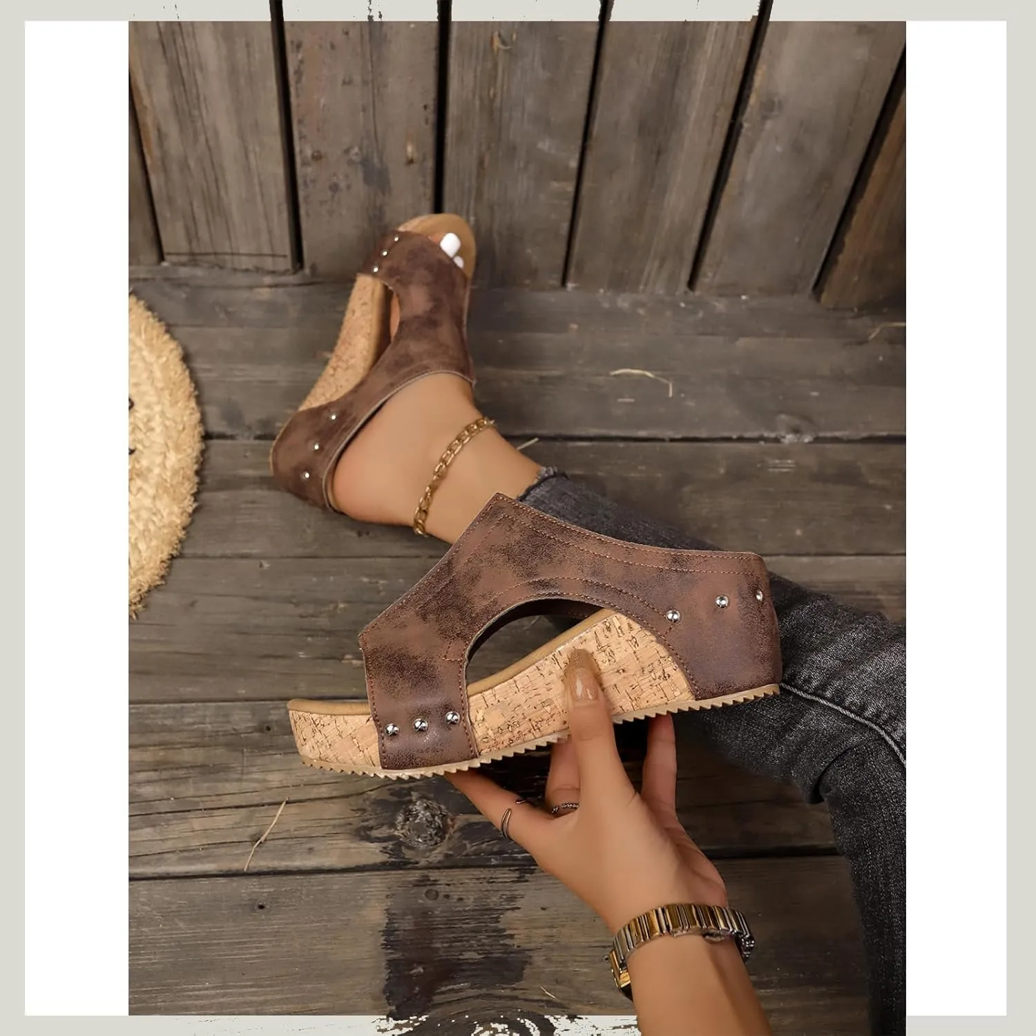 Cork Wedges Platform Slides,Women's Thick Sole Comfy Leather Wedge Non-slip Summer Sandals,Peep Toe Hollow out Slippers.