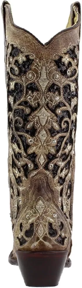 Corral Women's 13-inch White/Green Glitter Inlay & Crystals Pull-On Cowboy Boots - Sizes 5-12 B