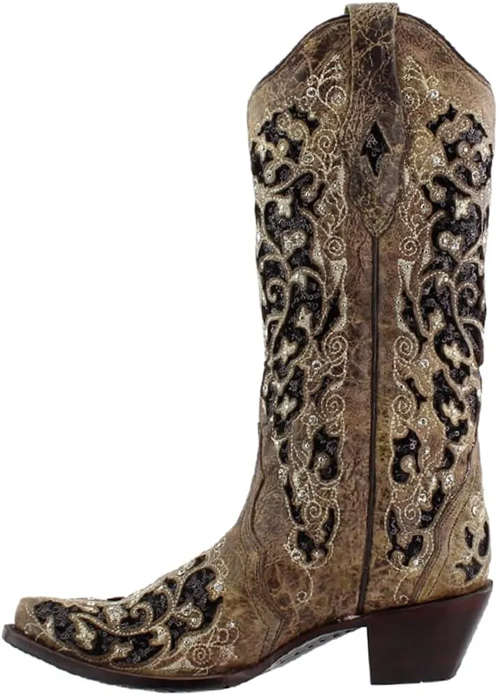 Corral Women's 13-inch White/Green Glitter Inlay & Crystals Pull-On Cowboy Boots - Sizes 5-12 B