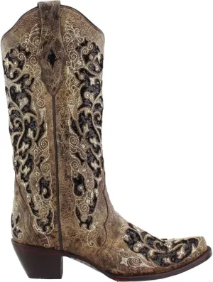 Corral Women's 13-inch White/Green Glitter Inlay & Crystals Pull-On Cowboy Boots - Sizes 5-12 B