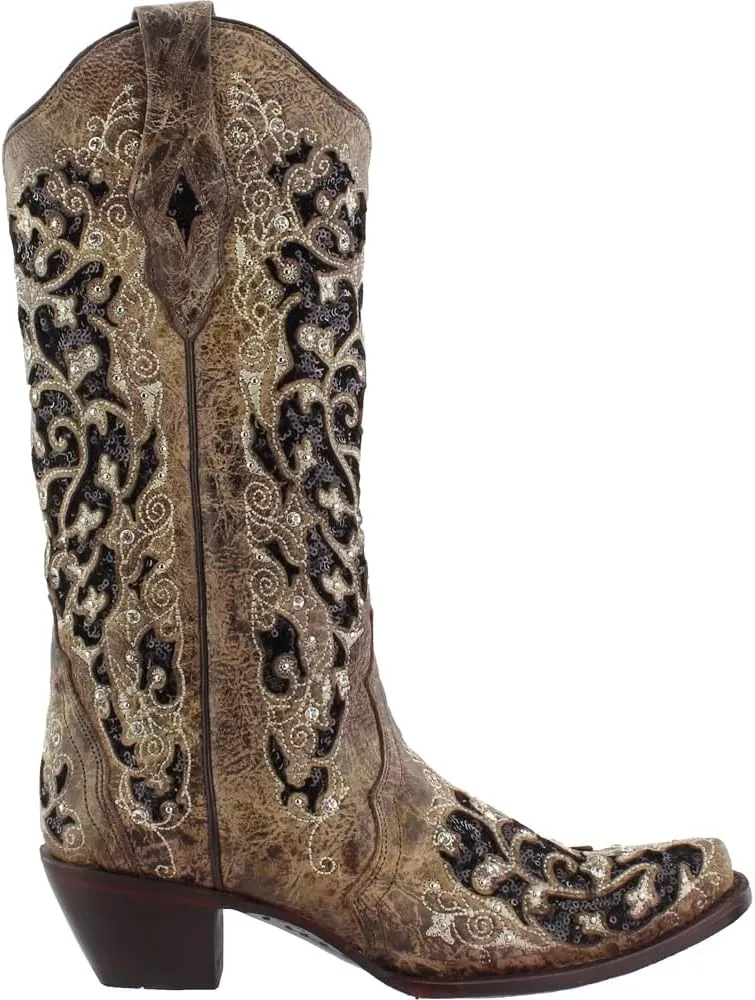 Corral Women's 13-inch White/Green Glitter Inlay & Crystals Pull-On Cowboy Boots - Sizes 5-12 B