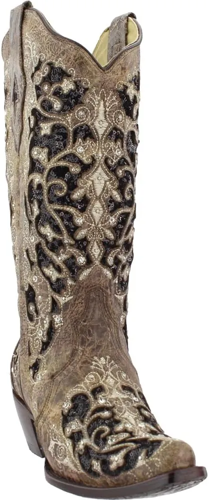 Corral Women's 13-inch White/Green Glitter Inlay & Crystals Pull-On Cowboy Boots - Sizes 5-12 B