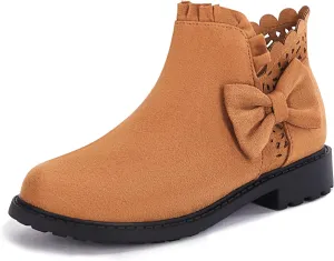 Coutgo Girls Bow Ankle Boots Ruffled Chunky Heel with Classic Side Zipper Dress Booties for Little Kids/Big Kids
