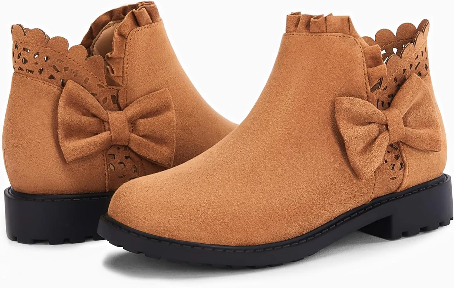 Coutgo Girls Bow Ankle Boots Ruffled Chunky Heel with Classic Side Zipper Dress Booties for Little Kids/Big Kids