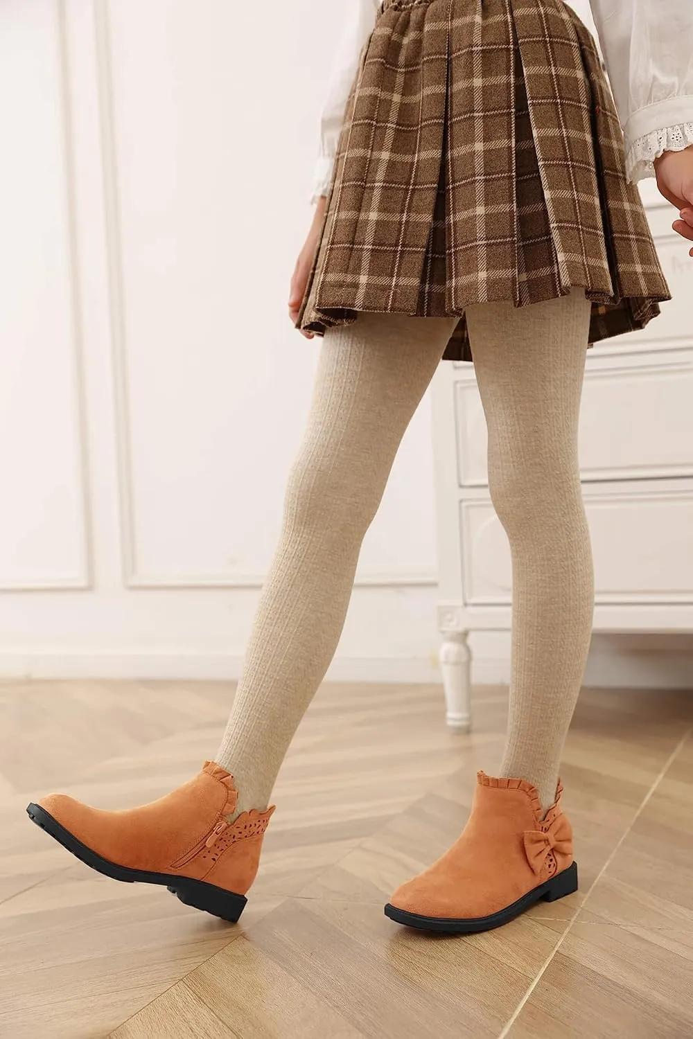 Coutgo Girls Bow Ankle Boots Ruffled Chunky Heel with Classic Side Zipper Dress Booties for Little Kids/Big Kids