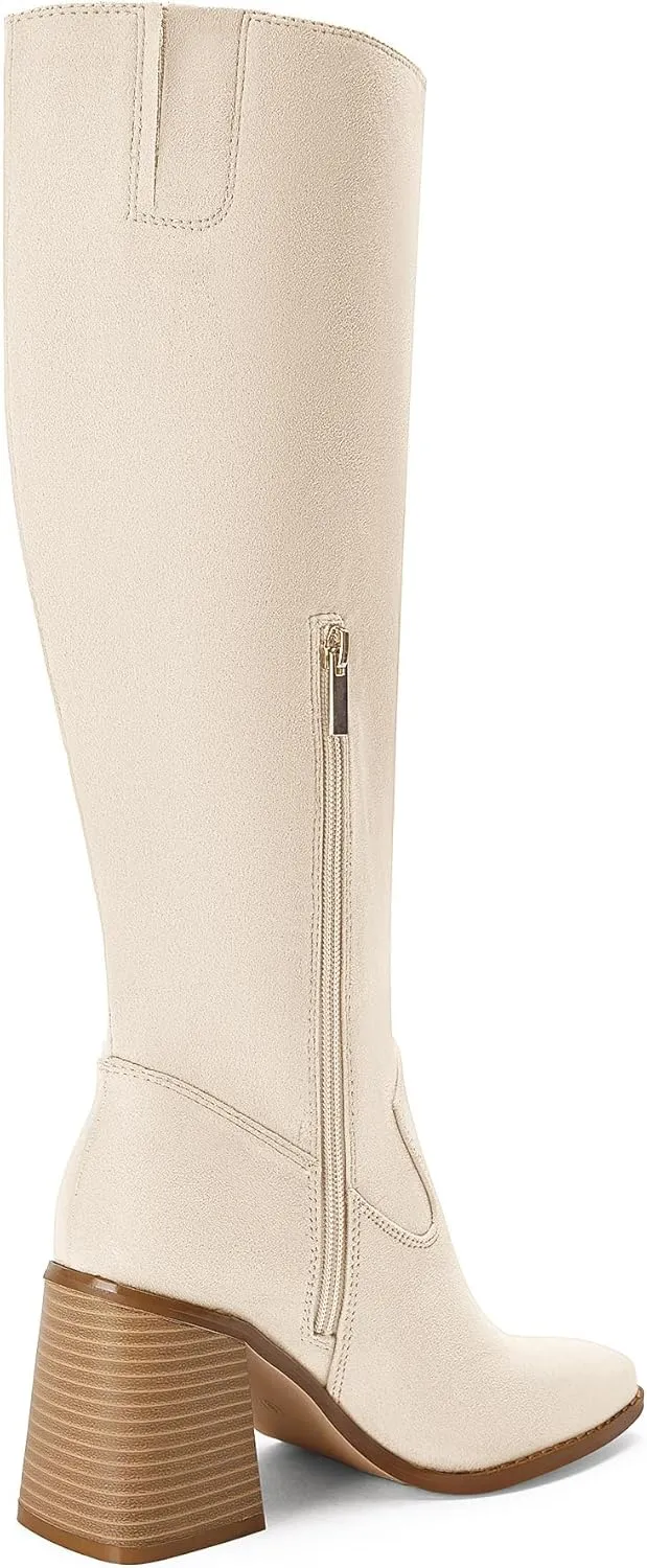 Coutgo Women's Knee High Boots Wide Calf Square Toe Chunky Heeled Pull-on Boot