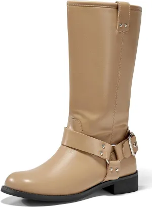 Coutgo Womens Mid Calf Biker Boots Low Heel Wide Calf Moto Boots Closed Toe Pull on Buckle Boot Shoes