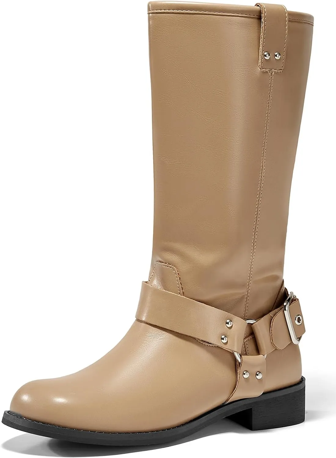 Coutgo Womens Mid Calf Biker Boots Low Heel Wide Calf Moto Boots Closed Toe Pull on Buckle Boot Shoes