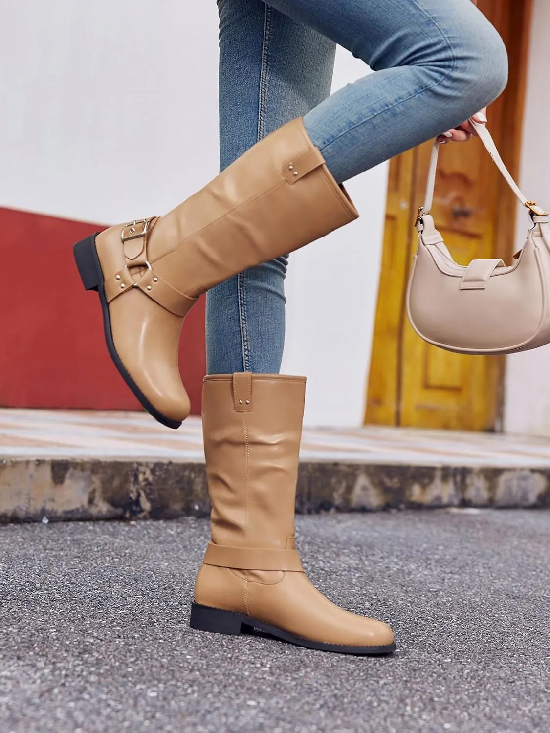 Coutgo Womens Mid Calf Biker Boots Low Heel Wide Calf Moto Boots Closed Toe Pull on Buckle Boot Shoes