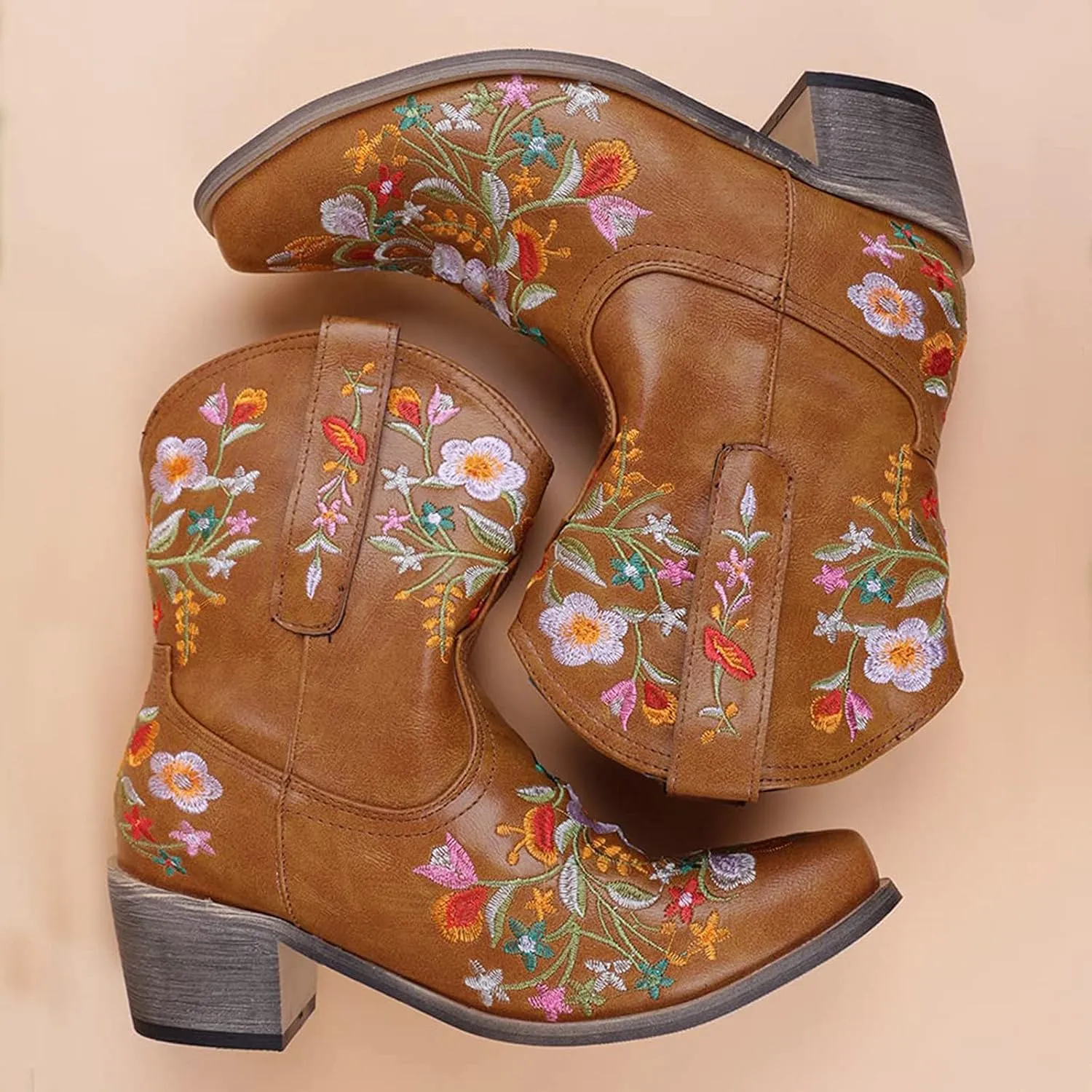 Cowboy Boots for Women Ankle Cowgirl Floral Embroidery Stitched Chunky Heel Pointy Toe Retro Western Boots
