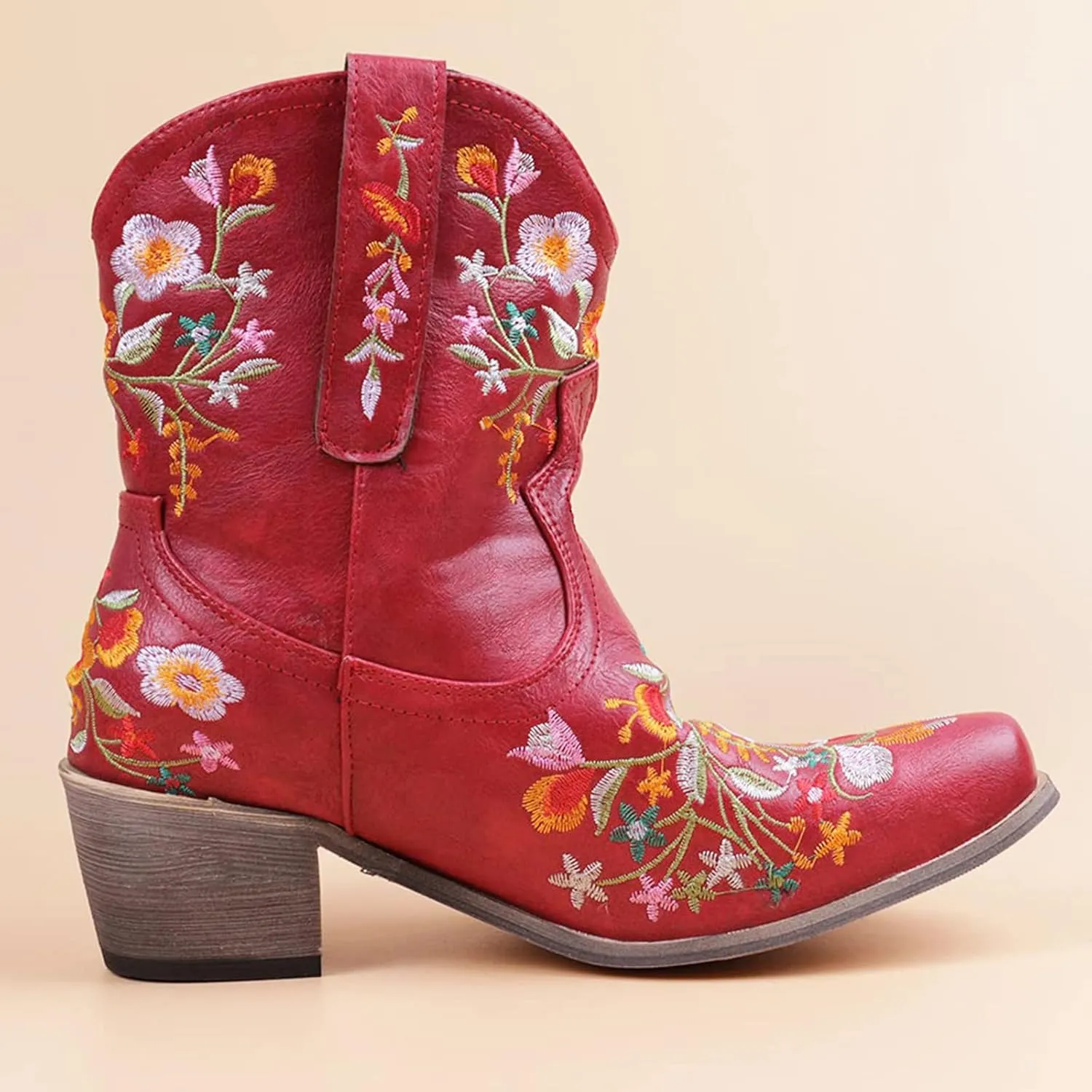 Cowboy Boots for Women Ankle Cowgirl Floral Embroidery Stitched Chunky Heel Pointy Toe Retro Western Boots