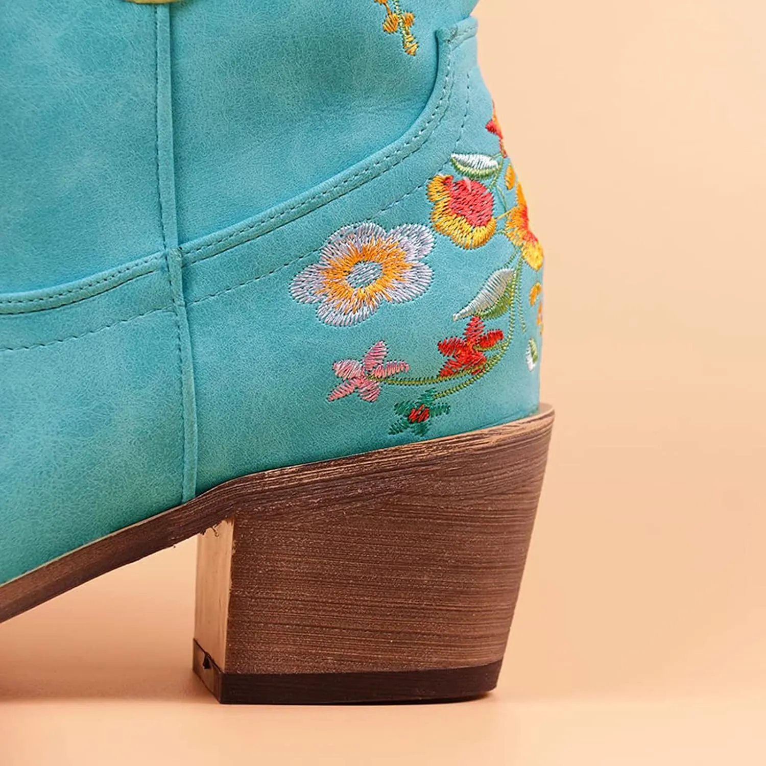 Cowboy Boots for Women Ankle Cowgirl Floral Embroidery Stitched Chunky Heel Pointy Toe Retro Western Boots