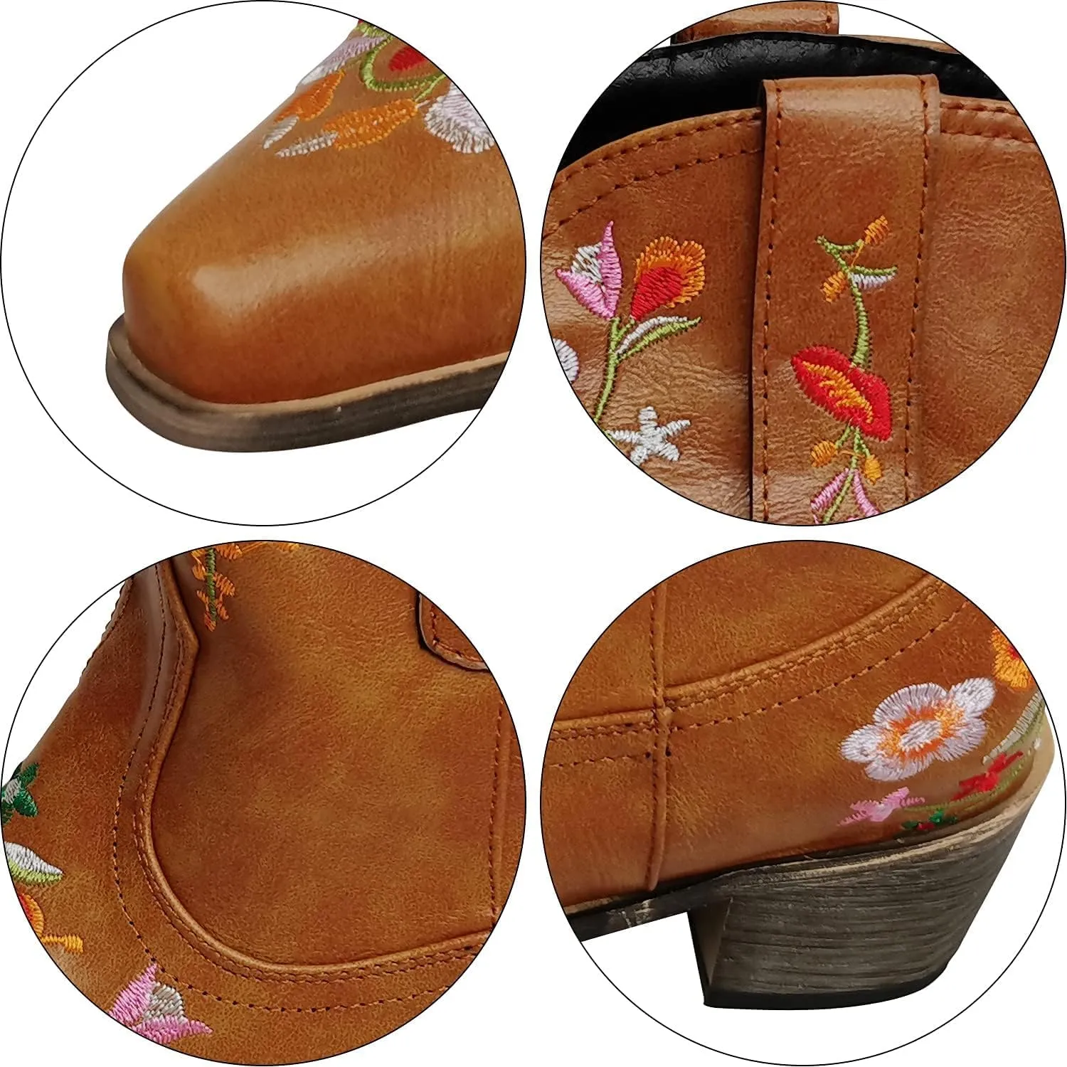 Cowboy Boots for Women Ankle Cowgirl Floral Embroidery Stitched Chunky Heel Pointy Toe Retro Western Boots