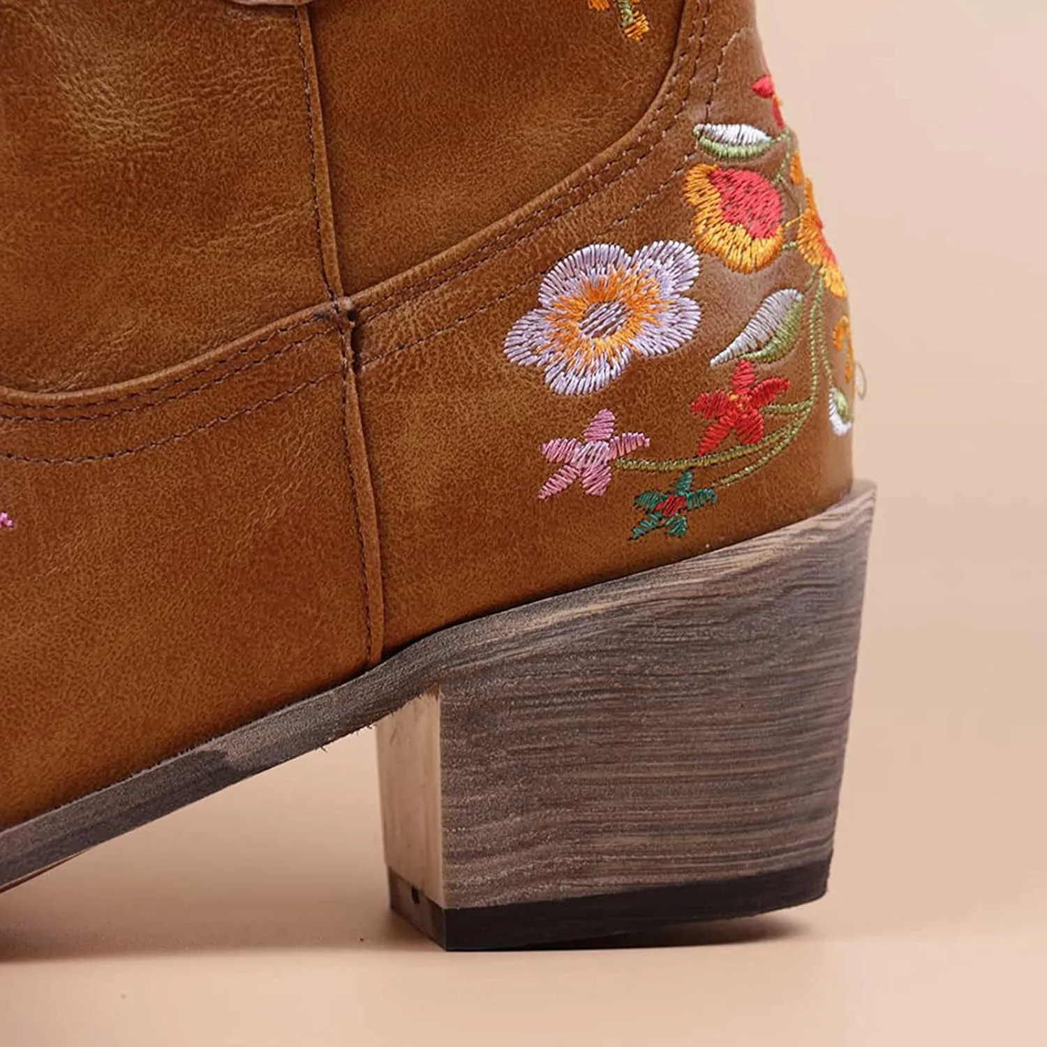 Cowboy Boots for Women Ankle Cowgirl Floral Embroidery Stitched Chunky Heel Pointy Toe Retro Western Boots