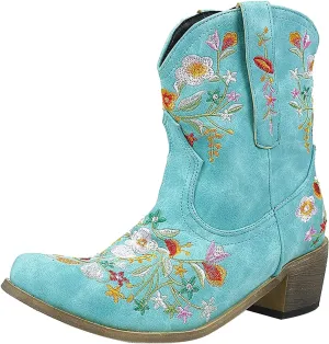 Cowboy Boots for Women Ankle Cowgirl Floral Embroidery Stitched Chunky Heel Pointy Toe Retro Western Boots
